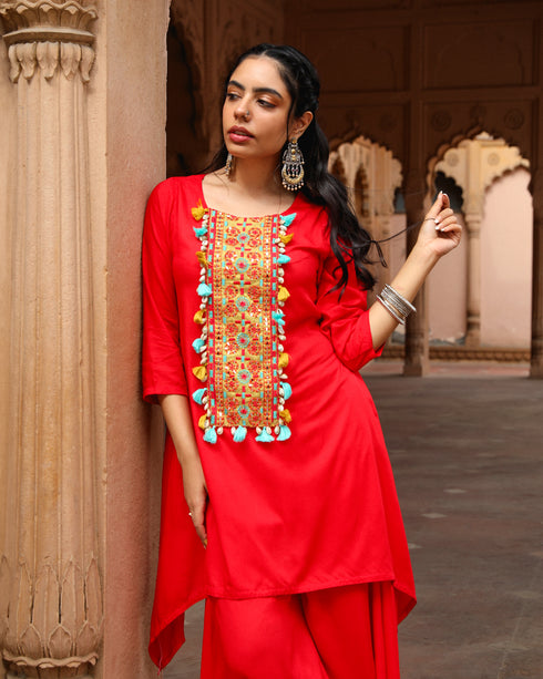 Scarlet Red Asymmetrical Set with Cowl Pants